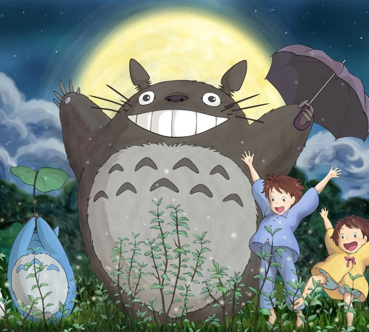 Totoro dancing with Mei's sisters in the sky