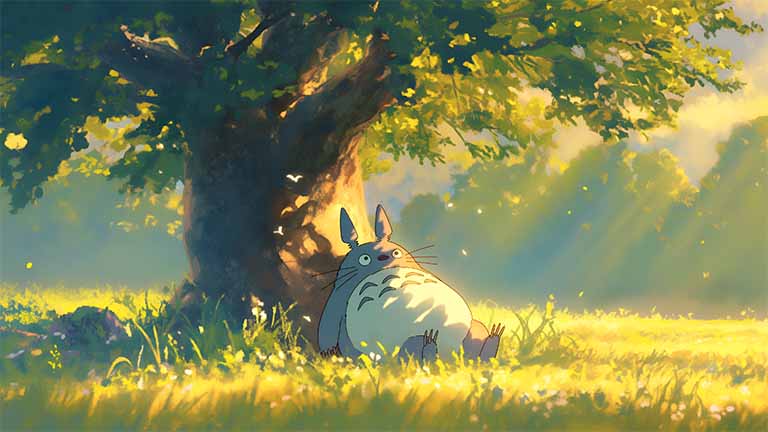 totoro watching the scene while lying under the tree in the cool day